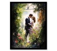 Artery8 Wall Art Print Stolen Kiss Watercolour Painting Secret Garden Lovers Kissing Among Flowers Bedroom Art Framed in Green | Size: A4 Artery8 Green A4