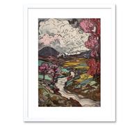 Artery8 Wall Art Print Storm Brewing over River Landscape with Pink Trees Artwork Framed 9X7 Inch in White | Size: W7" x H9" Artery8 White W7" x H9"