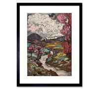 Artery8 Wall Art Print Storm Brewing over River Landscape with Pink Trees Artwork Framed 9X7 Inch in Black | Size: W7" x H9" Artery8 Black W7" x H9"