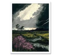 Artery8 Wall Art Print Storm Clouds at Scottish Meadow with Heather Shrub Art Framed in White | Size: W12" x H16" Artery8 White W12" x H16"