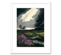Artery8 Wall Art Print Storm Clouds at Scottish Meadow with Heather Shrub Artwork Framed 9X7 Inch in White | Size: W7" x H9" Artery8 White W7" x H9"