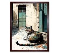 Artery8 Wall Art Print Street Cat Sunbathing on Cobblestone Street Modern Art Framed in Brown | Size: W12" x H16" Artery8 Brown W12" x H16"