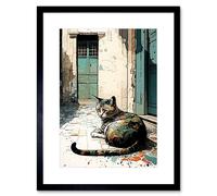 Artery8 Wall Art Print Street Cat Sunbathing on Cobblestone Street Modern Artwork Framed 9X7 Inch in Black | Size: W7" x H9" Artery8 Black W7" x H9"