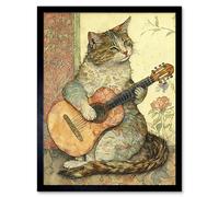 Artery8 Wall Art Print Street Musician Cat with Guitar by Flower Pattern Mural Pastel Watercolour Art Framed in Black | Size: W12" x H16" Artery8 Black W12" x H16"