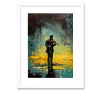 Artery8 Wall Art Print Street Musician Playing Violin After the Rain Artwork Framed 9X7 Inch in White | Size: W7" x H9" Artery8 White W7" x H9"