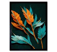 Artery8 Wall Art Print Striking Modern Bright Teal & Orange Detailed Dried Leaves on Black Art Framed | Size: W12" x H16" Artery8 Black W12" x H16"