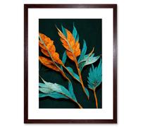Artery8 Wall Art Print Striking Modern Bright Teal & Orange Detailed Dried Leaves on Black Artwork Framed 9X7 Inch in Brown | Size: W7" x H9" Artery8 Brown W7" x H9"