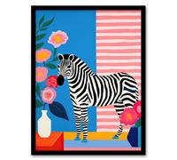 Artery8 Wall Art Print Stripe Harmony Vibrant Painting Whimsical Scene with a Zebra in a Striped Room Surrounded by Blooming Flowers Artwork Framed Artery8 Multicolor A4