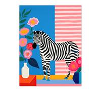 Artery8 Stripe Harmony Vibrant Painting Whimsical Scene with a Zebra in a Striped Room Surrounded by Blooming Flowers Extra Large XL Wall Art Poster Print