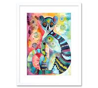 Artery8 Wall Art Print Striped Ring-Tailed Lemur Multicoloured Folk Art Watercolour Painting Artwork Framed 9X7 Inch in White | Size: W7" x H9" Artery8 White W7" x H9"