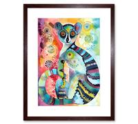 Artery8 Wall Art Print Striped Ring-Tailed Lemur Multicoloured Folk Art Watercolour Painting Artwork Framed 9X7 Inch in Brown | Size: W7" x H9" Artery8 Brown W7" x H9"