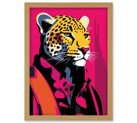 Wall Art Print Strong Leopard in Suit Bold Artwork Orange Pop Art Hot Pink Vibrant Portrait Artwork Framed A4 Artery8 Light Oak A4