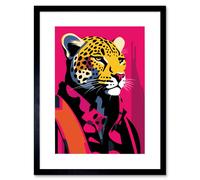 Artery8 Wall Art Print Strong Leopard in Suit Bold Artwork Orange Pop Art Hot Pink Vibrant Portrait Artwork Framed 9X7 Inch in Black | Size: W7" x H9" Artery8 Black W7" x H9"