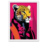 Artery8 Wall Art Print Strong Leopard in Suit Bold Artwork Orange Pop Art Hot Pink Vibrant Portrait Artwork Framed A4 in White Artery8 White A4