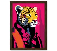 Artery8 Strong Leopard in Suit Bold Artwork Orange Pop Art Hot Pink Vibrant Portrait Artwork Framed Wall Art Print A4