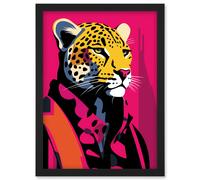 Artery8 Wall Art Print Strong Leopard in Suit Bold Artwork Orange Pop Art Hot Pink Vibrant Portrait Artwork Framed A4 in Black Artery8 Black A4