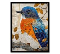 Artery8 Framed Wall Art Stylised Chinese Blue Flycatcher Gold Leaf Branch Poster - 12X16 Inch