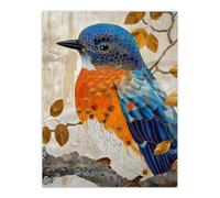 Artery8 Unframed Wall Art Stylised Chinese Blue Flycatcher Gold Leaf Branch - 12X16 Inch