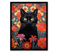 Artery8 Stylish Black Cat On Red Flowers Floral Design Illustration Lucky Witch Artwork Framed Wall Art Print A4