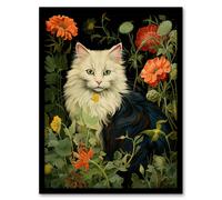 Artery8 Wall Art Print Stylish Black & White Cat Flowers Green Floral Design Peony Art Framed | Size: W12" x H16" Artery8 Black W12" x H16"