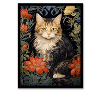 Artery8 Stylish Maine Coon Cat Flowers Floral Design Illustration William Morris Style Artwork Framed Wall Art Print A4