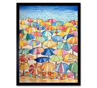 Artery8 Wall Art Print Summer At The Seaside With Colourful Beach Umbrellas On The Sand Watercolour Painting Art Framed in Black | Size: W12" x H16" Artery8 Black W12" x H16"