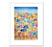 Artery8 Wall Art Print Summer At The Seaside With Colourful Beach Umbrellas On The Sand Watercolour Painting Artwork Framed 9X7 Inch Artery8 White W7" x H9"