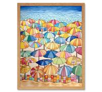 Artery8 Wall Art Print Summer At The Seaside With Colourful Beach Umbrellas On The Sand Watercolour Painting Art Framed | Size: W12" x H16" Artery8 Light Oak W12" x H16"