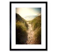 Artery8 Wall Art Print Summer Beach Path Photograph Bright Sunny Sandy Coastal Landscape Seascape Artwork Framed 9X7 Inch