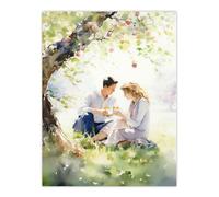 Artery8 Wall Art Print Summer Romance Watercolour Painting Picnic Under Apple Blossom Tree Bedroom Art Poster in Green | Size: W18" x H24" Artery8 Green W18" x H24"