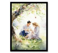 Artery8 Wall Art Print Summer Romance Watercolour Painting Picnic Under Apple Blossom Tree Bedroom Art Framed in Green | Size: W12" x H16" Artery8 Green W12" x H16"