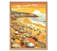 Artery8 Wall Art Print Summer Sunset at Busy Sandy Promenade Beach Art Framed in Light Oak | Size: W12" x H16" Artery8 Light Oak W12" x H16"