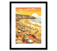 Artery8 Wall Art Print Summer Sunset at Busy Sandy Promenade Beach Artwork Framed 9X7 Inch in Black | Size: W7" x H9" Artery8 Black W7" x H9"