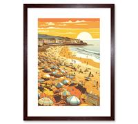 Artery8 Wall Art Print Summer Sunset at Busy Sandy Promenade Beach Artwork Framed 9X7 Inch in Brown | Size: W7" x H9" Artery8 Brown W7" x H9"