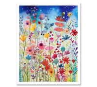 Artery8 Wall Art Print Summer Wildflower Meadow Folk Art Framed in White | Size: W12" x H16" Artery8 White W12" x H16"