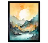 Artery8 Wall Art Print Sun Rising Over Mountain Lakeside Landscape Modern Pastel Teal & Orange Watercolour Painting Art Framed | Size: W12" x H16" Artery8 Yellow W12" x H16"