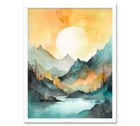 Artery8 Wall Art Print Sun Rising Over Mountain Lakeside Landscape Modern Pastel Teal & Orange Watercolour Painting Art Framed | Size: W12" x H16" Artery8 White W12" x H16"