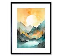 Artery8 Wall Art Print Sun Rising Over Mountain Lakeside Landscape Modern Pastel Teal & Orange Watercolour Painting Artwork Framed 9X7 Inch Artery8 Black W7" x H9"