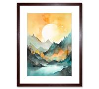 Artery8 Wall Art Print Sun Rising Over Mountain Lakeside Landscape Modern Pastel Teal & Orange Watercolour Painting Artwork Framed 9X7 Inch Artery8 Brown W7" x H9"