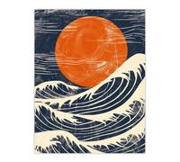 Wall Art Print Sun and Waves Japanese Style Orange Blue Seascape Poster Artery8 Dark Navy W24 inch x H32 inch
