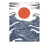 Artery8 Wall Art Print Sun with Sea Waves Orange Blue Seascape Painting Poster in White | Size: W24" x H32" Artery8 White W24" x H32"