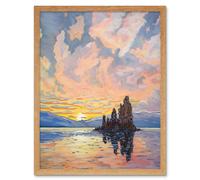 Artery8 Wall Art Print Sunrise Atmospheric Clouds Over Mono Lake Mountain Lakeside Landscape Modern Watercolour Painting Art Framed Artery8 Light Oak W12" x H16"