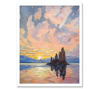 Artery8 Wall Art Print Sunrise Atmospheric Clouds Over Mono Lake Mountain Lakeside Landscape Modern Watercolour Painting Art Framed Artery8 White W12" x H16"