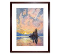 Artery8 Wall Art Print Sunrise Atmospheric Clouds Over Mono Lake Mountain Lakeside Landscape Modern Watercolour Painting Artwork Framed 9X7 Inch Artery8 Brown W7" x H9"