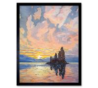 Artery8 Wall Art Print Sunrise Atmospheric Clouds Over Mono Lake Mountain Lakeside Landscape Modern Watercolour Painting Art Framed Artery8 Black W12" x H16"