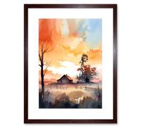 Artery8 Wall Art Print Sunrise Clouds over Countryside Farmhouse Cabin with Old Windmill Tower Modern Watercolour Painting Artwork Framed 9X7 Inch Artery8 Brown W7" x H9"