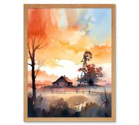 Artery8 Wall Art Print Sunrise Clouds over Countryside Farmhouse Cabin with Old Windmill Tower Modern Watercolour Painting Art Framed Artery8 Light Oak W12" x H16"