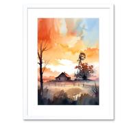 Artery8 Wall Art Print Sunrise Clouds over Countryside Farmhouse Cabin with Old Windmill Tower Modern Watercolour Painting Artwork Framed 9X7 Inch Artery8 White W7" x H9"