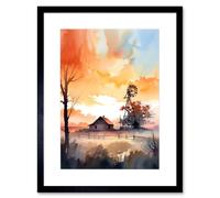 Artery8 Wall Art Print Sunrise Clouds over Countryside Farmhouse Cabin with Old Windmill Tower Modern Watercolour Painting Artwork Framed 9X7 Inch Artery8 Black W7" x H9"