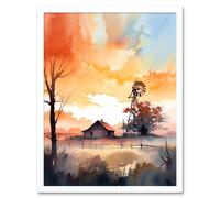 Artery8 Wall Art Print Sunrise Clouds over Countryside Farmhouse Cabin with Old Windmill Tower Modern Watercolour Painting Art Framed Artery8 White W12" x H16"